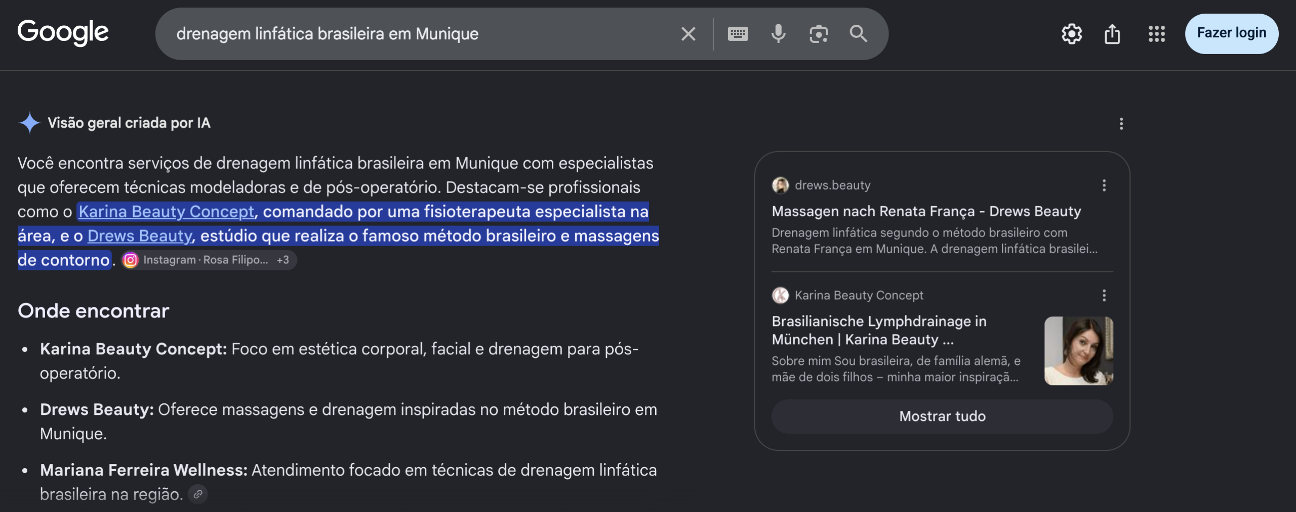 Resultado no Google mostrando Karina Beauty Concept, Drews Beauty e Mariana Ferreira Wellness